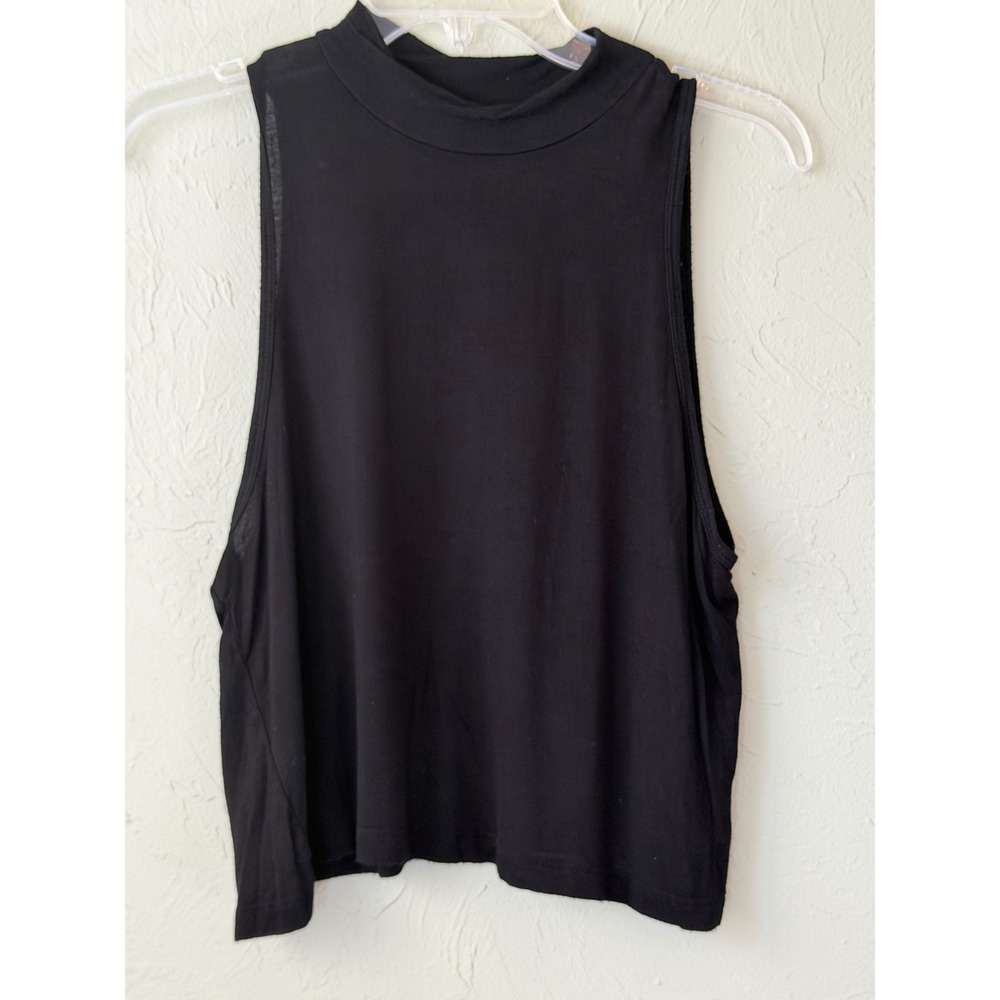 Active Basic Women Black Mock Neck Sleeveless Crop Top Tank Size Large